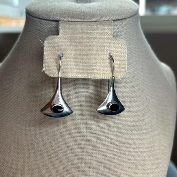 925 Vintage Sterling Silver Black Onyx  Earrings - Picture 4 of 9